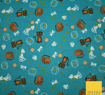 Teal Cheeky Cats Naughty Mice Printed Poly Cotton Fabric Polycotton Mask 45"3760