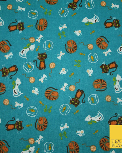 Teal Cheeky Cats Naughty Mice Printed Poly Cotton Fabric Polycotton Mask 45"3760