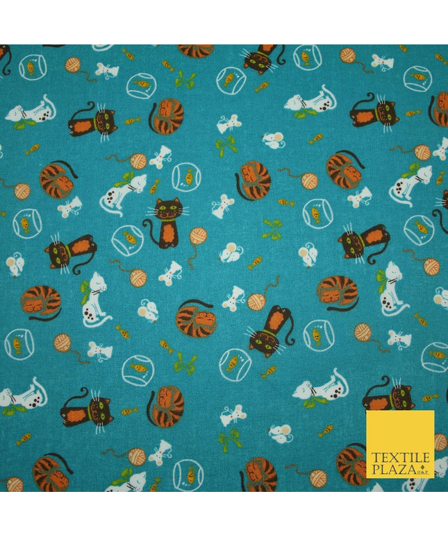 Teal Cheeky Cats Naughty Mice Printed Poly Cotton Fabric Polycotton Mask 45"3760