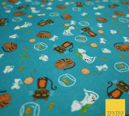 Teal Cheeky Cats Naughty Mice Printed Poly Cotton Fabric Polycotton Mask 45"3760