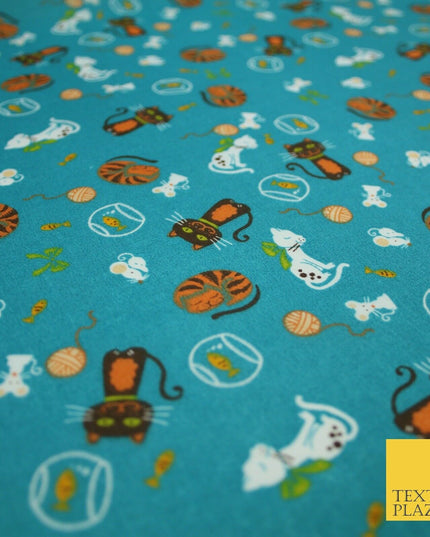 Teal Cheeky Cats Naughty Mice Printed Poly Cotton Fabric Polycotton Mask 45"3760