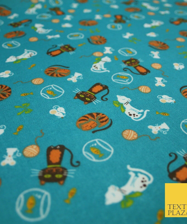 Teal Cheeky Cats Naughty Mice Printed Poly Cotton Fabric Polycotton Mask 45"3760