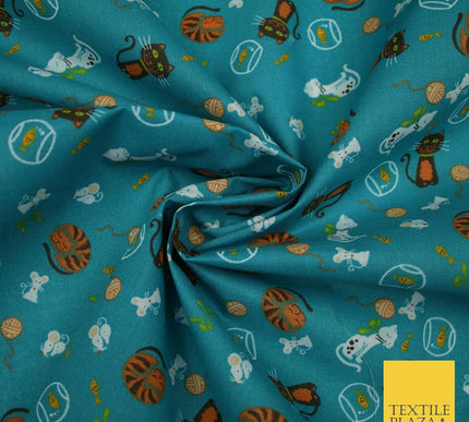 Teal Cheeky Cats Naughty Mice Printed Poly Cotton Fabric Polycotton Mask 45"3760