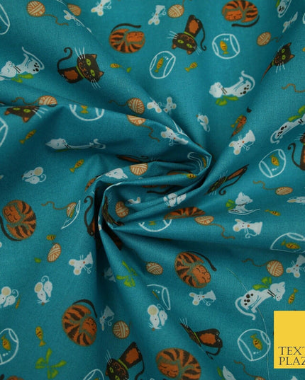 Teal Cheeky Cats Naughty Mice Printed Poly Cotton Fabric Polycotton Mask 45"3760