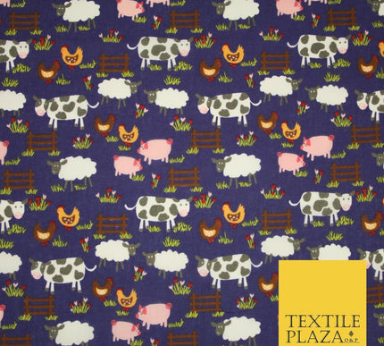Farm Animal Cow Hen Chicken Printed Poly Cotton Fabric Polycotton 45" 3794