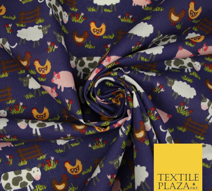 Farm Animal Cow Hen Chicken Printed Poly Cotton Fabric Polycotton 45" 3794