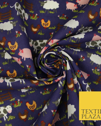 Farm Animal Cow Hen Chicken Printed Poly Cotton Fabric Polycotton 45" 3794
