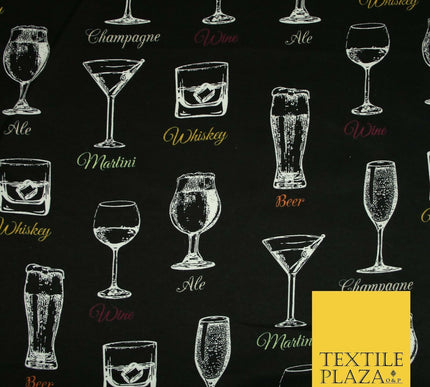 Black Whiskey Martini Glasses Winceyette Soft Brushed Cotton Print Fabric 3967