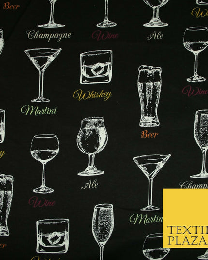 Black Whiskey Martini Glasses Winceyette Soft Brushed Cotton Print Fabric 3967