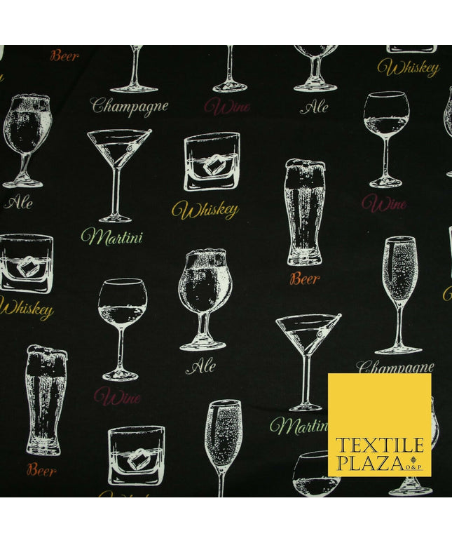 Black Whiskey Martini Glasses Winceyette Soft Brushed Cotton Print Fabric 3967