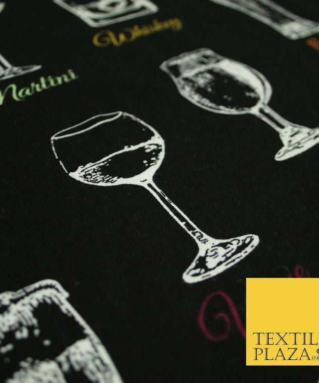 Black Whiskey Martini Glasses Winceyette Soft Brushed Cotton Print Fabric 3967