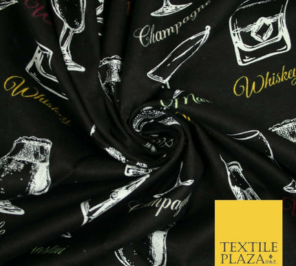 Black Whiskey Martini Glasses Winceyette Soft Brushed Cotton Print Fabric 3967