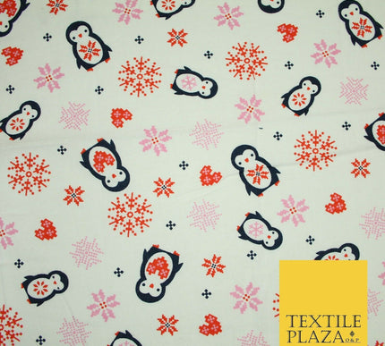 Ivory Festive Penguins Digital Pixel Hearts Soft Brushed Cotton Print Fabric3962