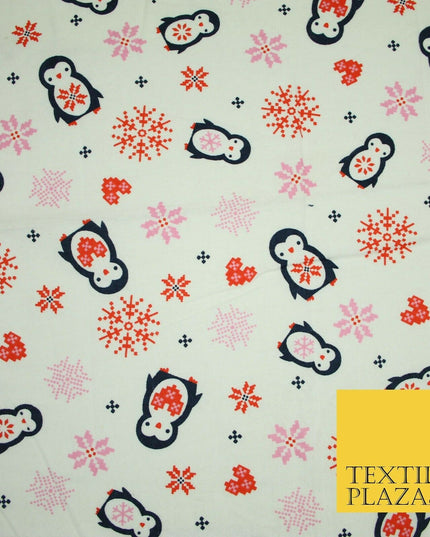 Ivory Festive Penguins Digital Pixel Hearts Soft Brushed Cotton Print Fabric3962