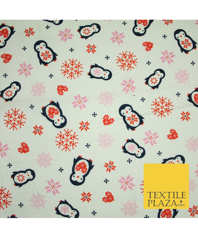 Ivory Festive Penguins Digital Pixel Hearts Soft Brushed Cotton Print Fabric3962
