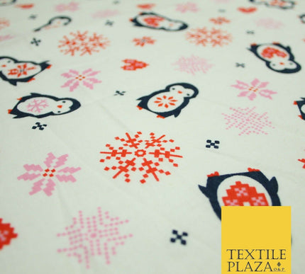 Ivory Festive Penguins Digital Pixel Hearts Soft Brushed Cotton Print Fabric3962