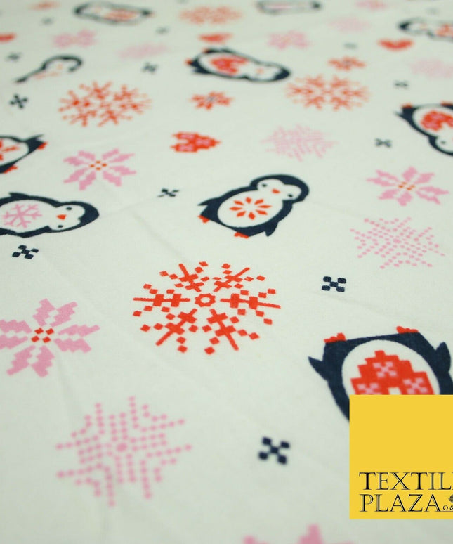 Ivory Festive Penguins Digital Pixel Hearts Soft Brushed Cotton Print Fabric3962
