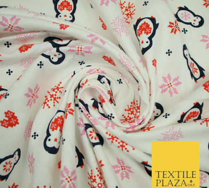 Ivory Festive Penguins Digital Pixel Hearts Soft Brushed Cotton Print Fabric3962