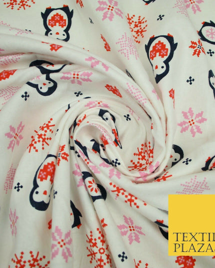 Ivory Festive Penguins Digital Pixel Hearts Soft Brushed Cotton Print Fabric3962