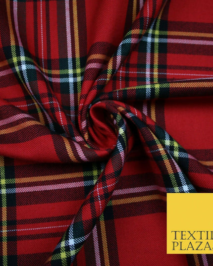 RED Scottish Tartan Check Polyester Viscose Fabric Material 58" Craft Dress 4920