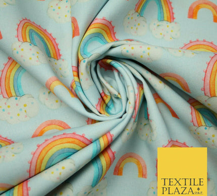 Sky Blue Watercolour Rainbow Clouds Printed 100% Cotton Fabric 56" OEKO-TEX 4485