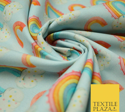 Sky Blue Watercolour Rainbow Clouds Printed 100% Cotton Fabric 56" OEKO-TEX 4485