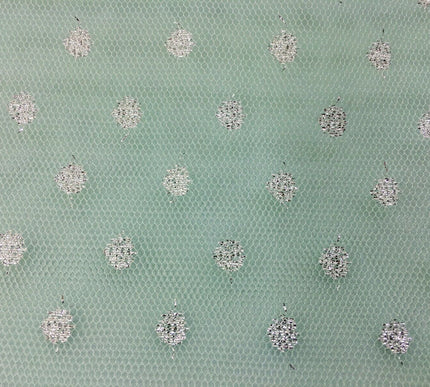 Sparkle Spot Print Mesh Fabric - 100% Polyester- Per Metre - SILVER/MINT - RE90