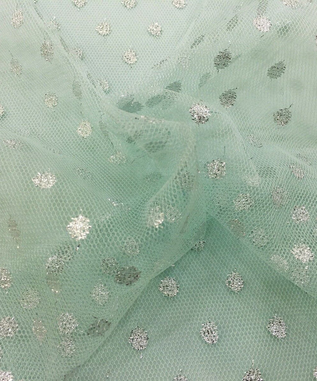 Sparkle Spot Print Mesh Fabric - 100% Polyester- Per Metre - SILVER/MINT - RE90