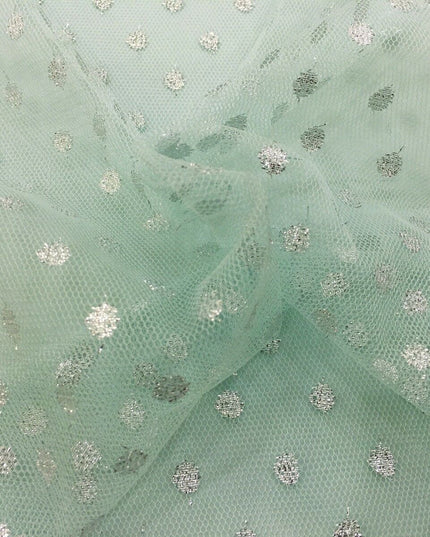 Sparkle Spot Print Mesh Fabric - 100% Polyester- Per Metre - SILVER/MINT - RE90