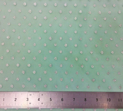 Sparkle Spot Print Mesh Fabric - 100% Polyester- Per Metre - SILVER/MINT - RE90