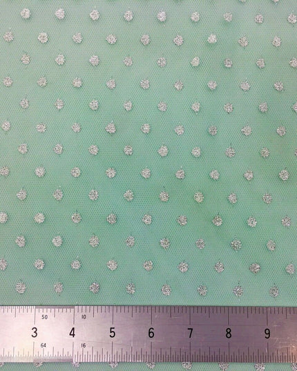Sparkle Spot Print Mesh Fabric - 100% Polyester- Per Metre - SILVER/MINT - RE90
