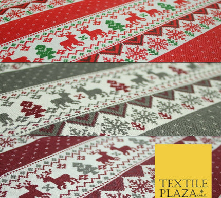 Fair Isle Reindeer Tree Christmas Zig Zag Stripe Printed Cotton Canvas Fabric