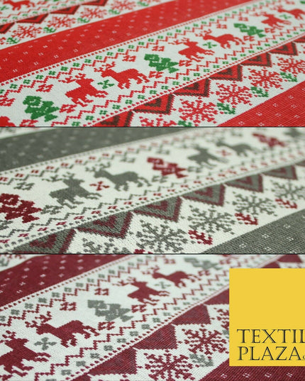 Fair Isle Reindeer Tree Christmas Zig Zag Stripe Printed Cotton Canvas Fabric