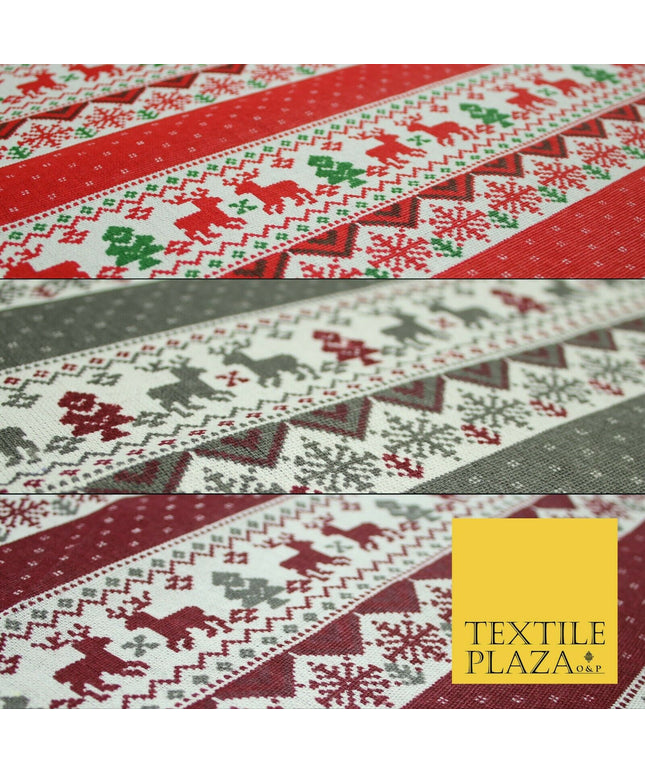 Fair Isle Reindeer Tree Christmas Zig Zag Stripe Printed Cotton Canvas Fabric