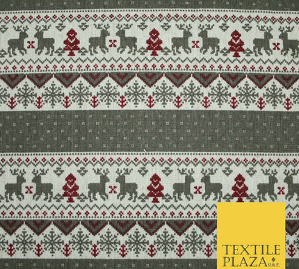 Fair Isle Reindeer Tree Christmas Zig Zag Stripe Printed Cotton Canvas Fabric