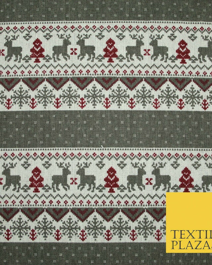 Fair Isle Reindeer Tree Christmas Zig Zag Stripe Printed Cotton Canvas Fabric