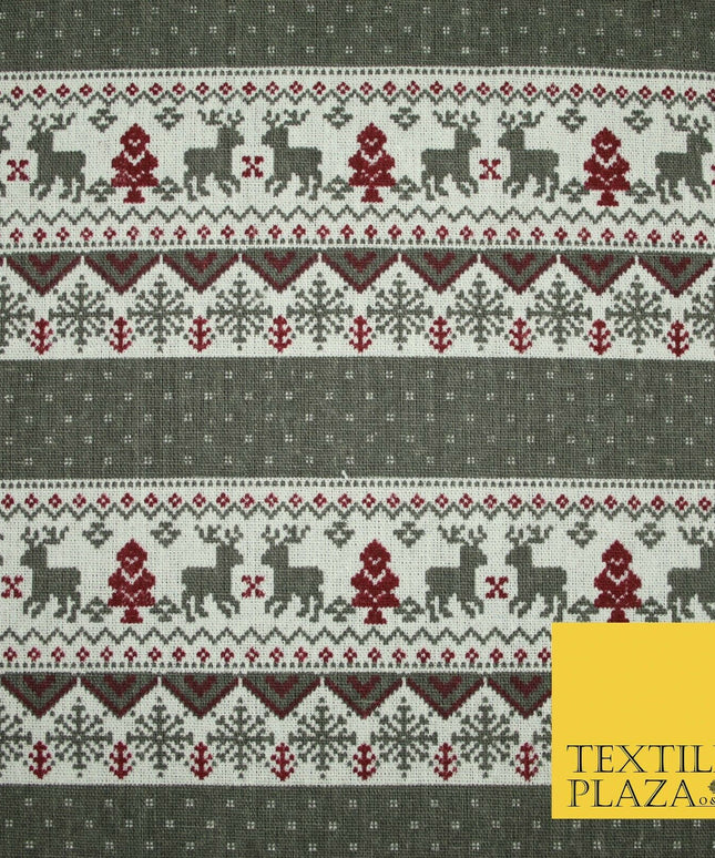 Fair Isle Reindeer Tree Christmas Zig Zag Stripe Printed Cotton Canvas Fabric