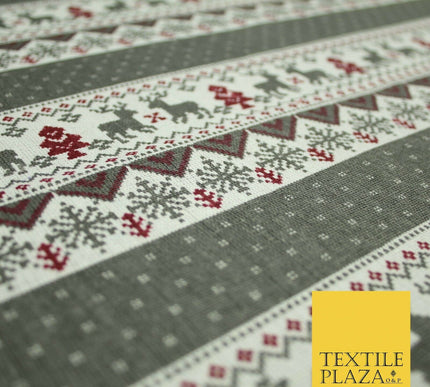 Fair Isle Reindeer Tree Christmas Zig Zag Stripe Printed Cotton Canvas Fabric