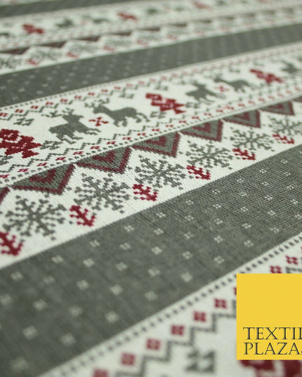 Fair Isle Reindeer Tree Christmas Zig Zag Stripe Printed Cotton Canvas Fabric
