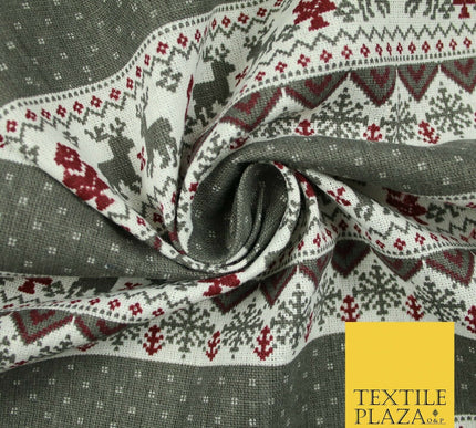 Fair Isle Reindeer Tree Christmas Zig Zag Stripe Printed Cotton Canvas Fabric