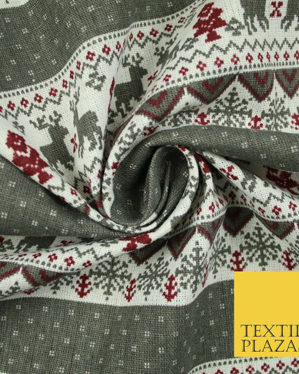 Fair Isle Reindeer Tree Christmas Zig Zag Stripe Printed Cotton Canvas Fabric