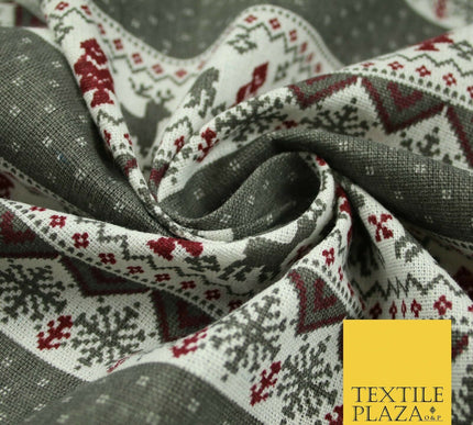 Fair Isle Reindeer Tree Christmas Zig Zag Stripe Printed Cotton Canvas Fabric