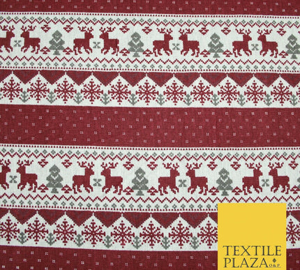 Fair Isle Reindeer Tree Christmas Zig Zag Stripe Printed Cotton Canvas Fabric