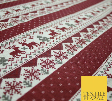 Fair Isle Reindeer Tree Christmas Zig Zag Stripe Printed Cotton Canvas Fabric