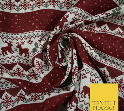 Fair Isle Reindeer Tree Christmas Zig Zag Stripe Printed Cotton Canvas Fabric