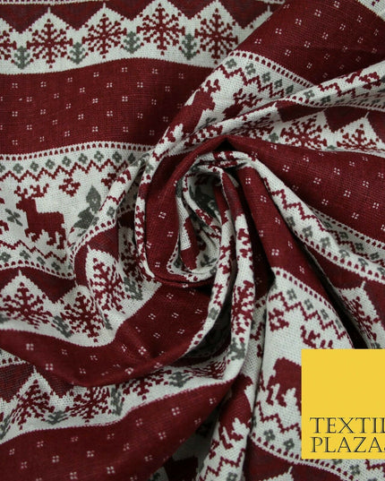 Fair Isle Reindeer Tree Christmas Zig Zag Stripe Printed Cotton Canvas Fabric