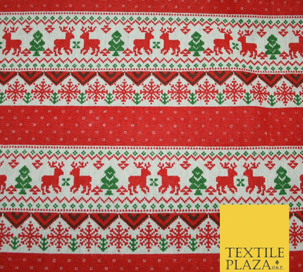 Fair Isle Reindeer Tree Christmas Zig Zag Stripe Printed Cotton Canvas Fabric