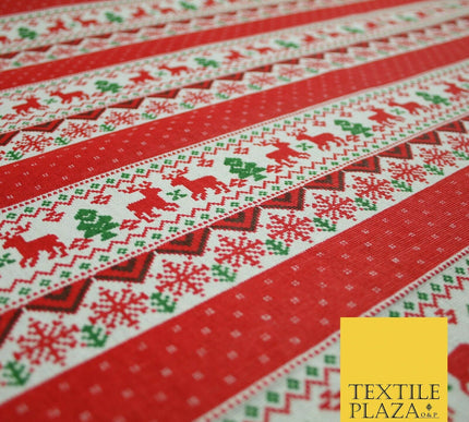 Fair Isle Reindeer Tree Christmas Zig Zag Stripe Printed Cotton Canvas Fabric