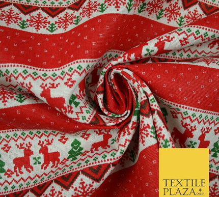 Fair Isle Reindeer Tree Christmas Zig Zag Stripe Printed Cotton Canvas Fabric