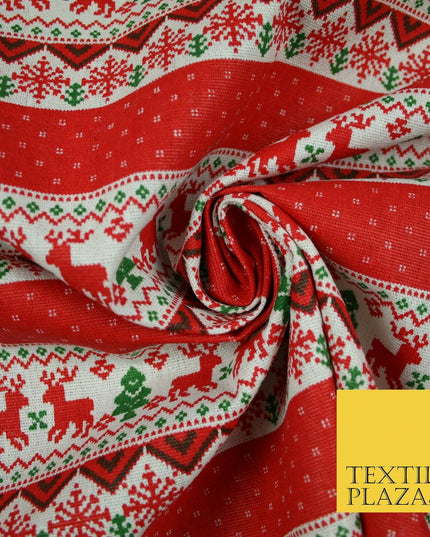Fair Isle Reindeer Tree Christmas Zig Zag Stripe Printed Cotton Canvas Fabric